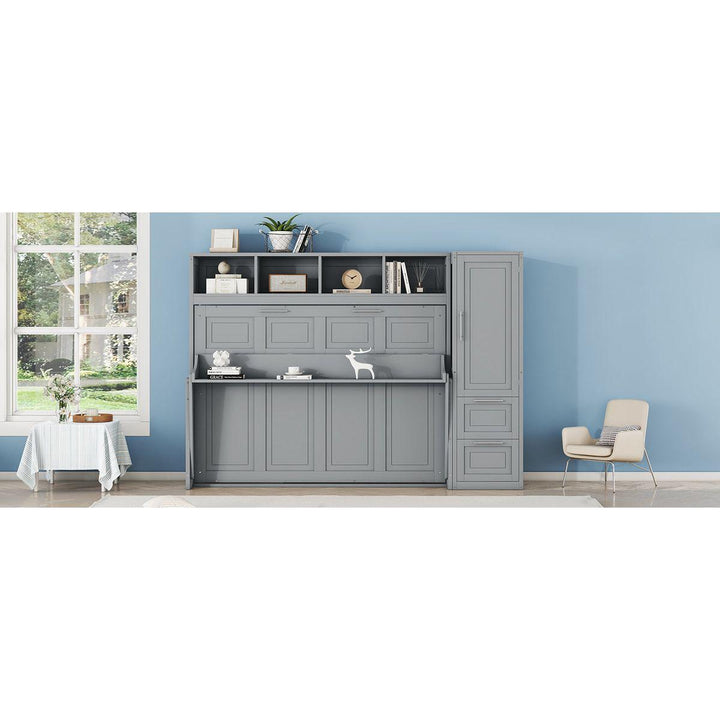 Full Size Murphy Bed Wall Bed with Closet and Drawers,Gray