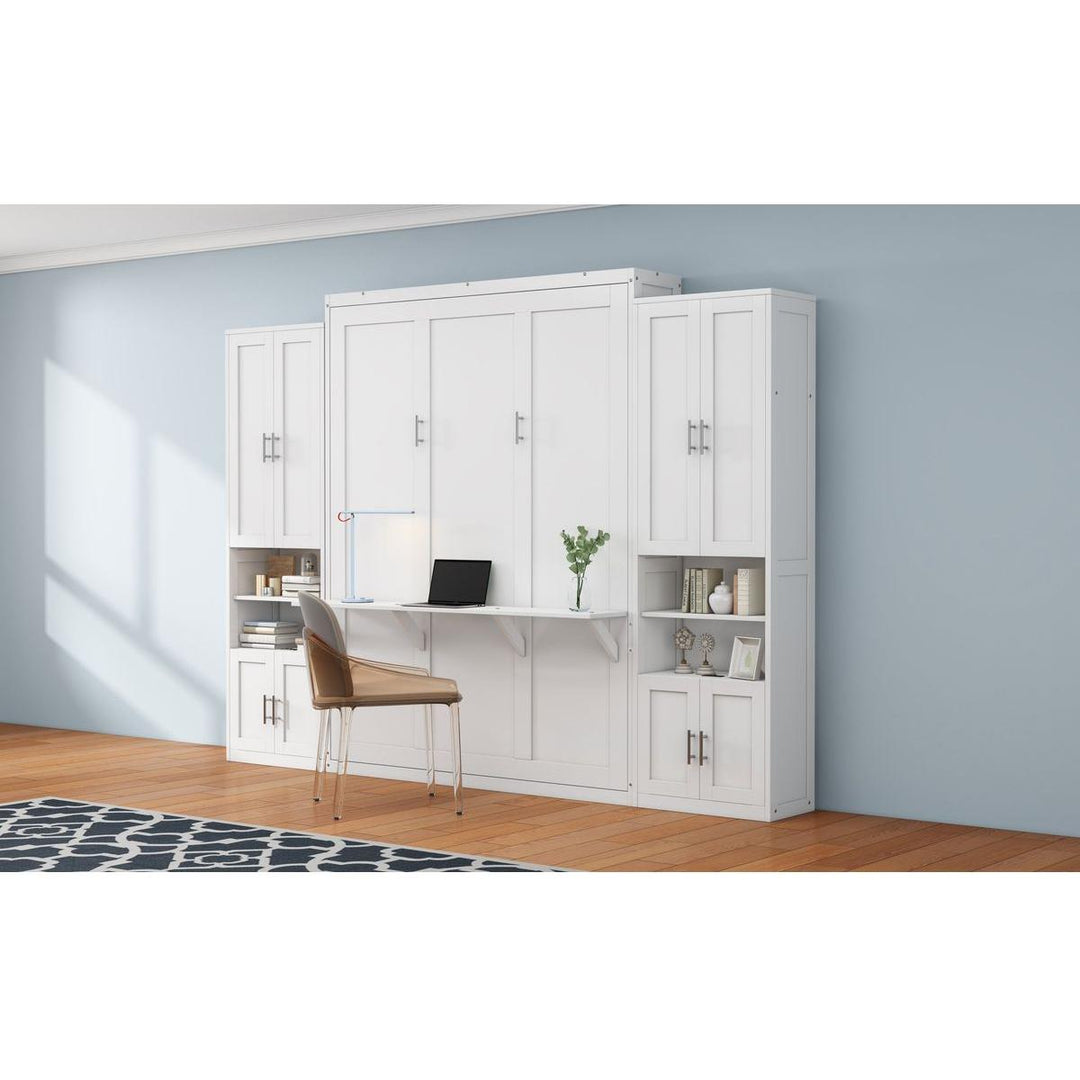Queen Size Murphy Bed with 2 Side Cabinet Storage Shelves, 68-inch Cabinet Bed Folding Wall Bed with Desk Combo Perfect for Guest Room, Study, Office,White(old sku:BS7013008104C)