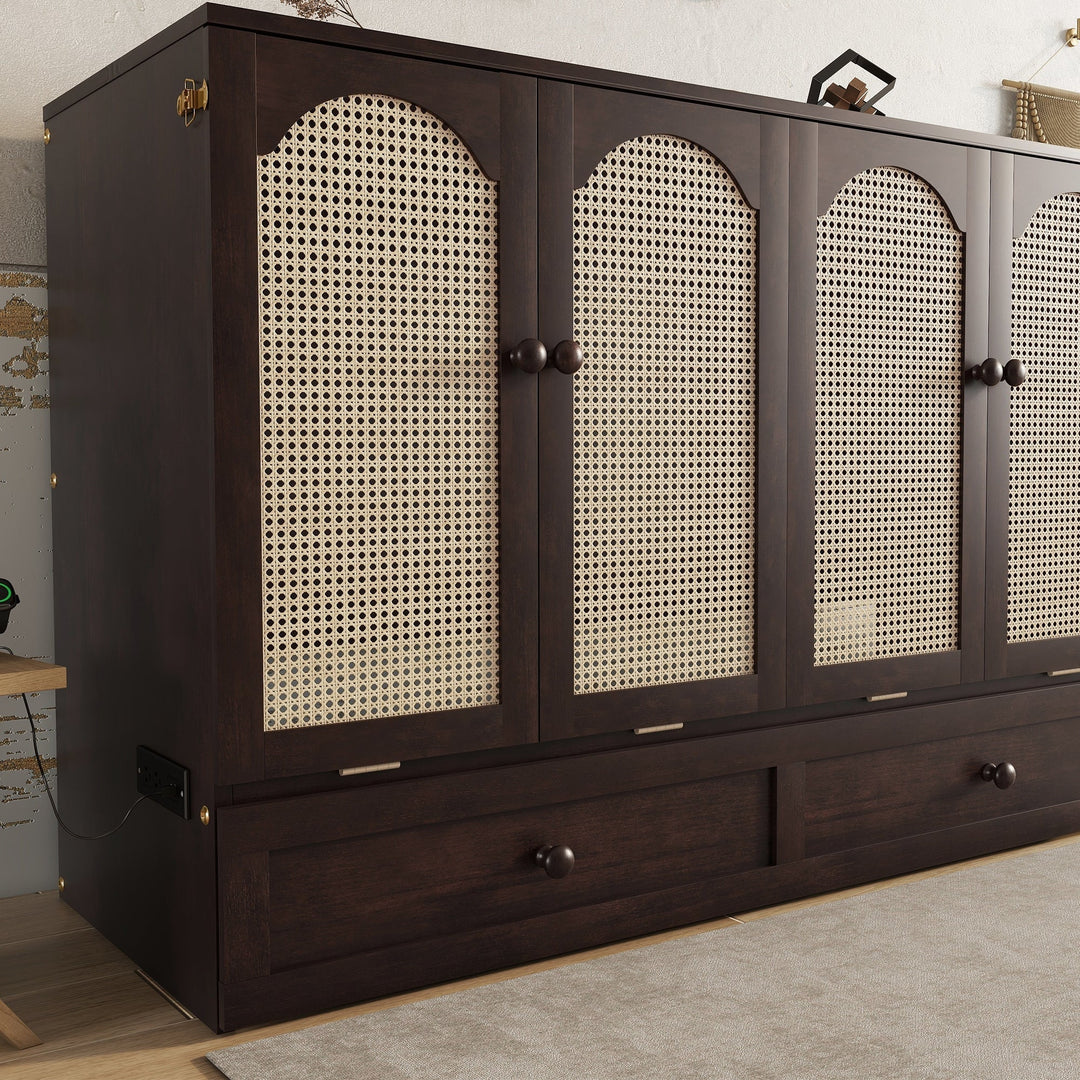 Queen Size Murphy Bed, Pine Wood Cabinet Bed with Power Station and Rattan Decoration Panel,Espresso