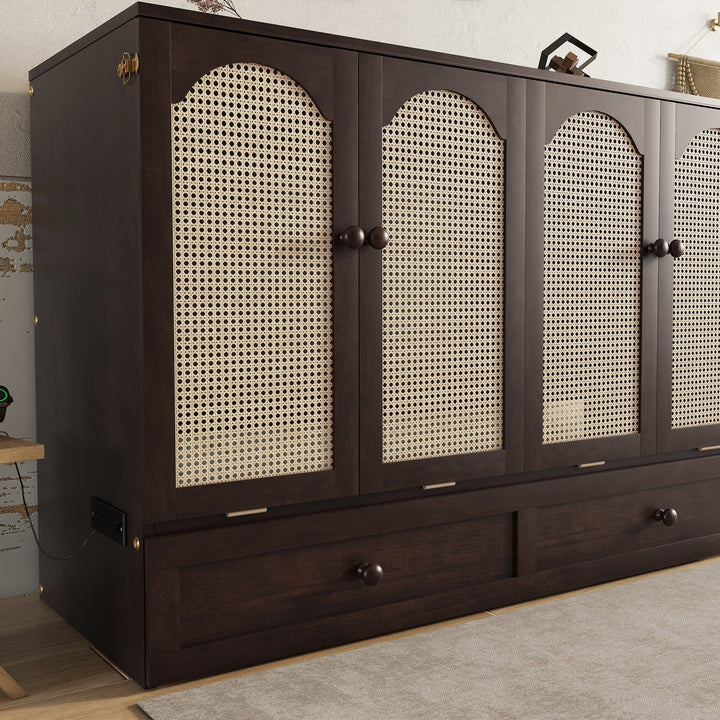 Queen Size Murphy Bed, Pine Wood Cabinet Bed with Power Station and Rattan Decoration Panel,Espresso