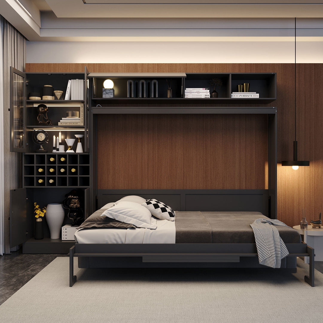 Queen Size Murphy Bed Wall Bed with Sofa , Shelves USB & Light ,Gray