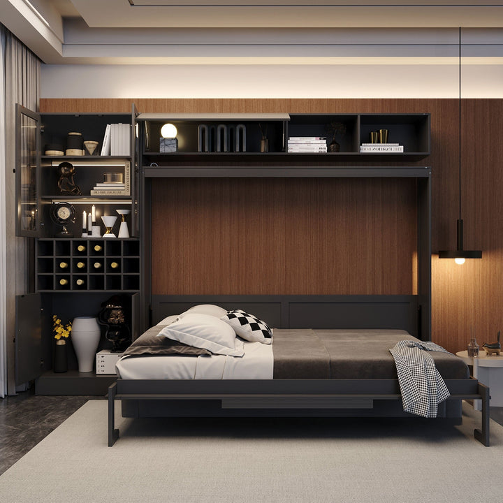 Queen Size Murphy Bed Wall Bed with Sofa , Shelves USB & Light ,Gray