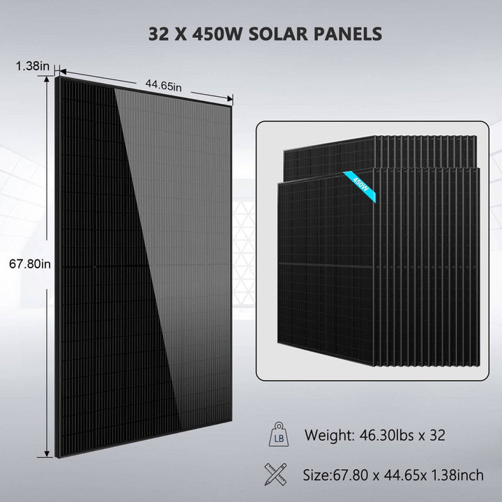 OFF GRID SOLAR KIT 20KW 48VDC 120V/240V LIFEPO4 30.72KWH LITHIUM BATTERY 32 X 450 WATTS SOLAR PANELS