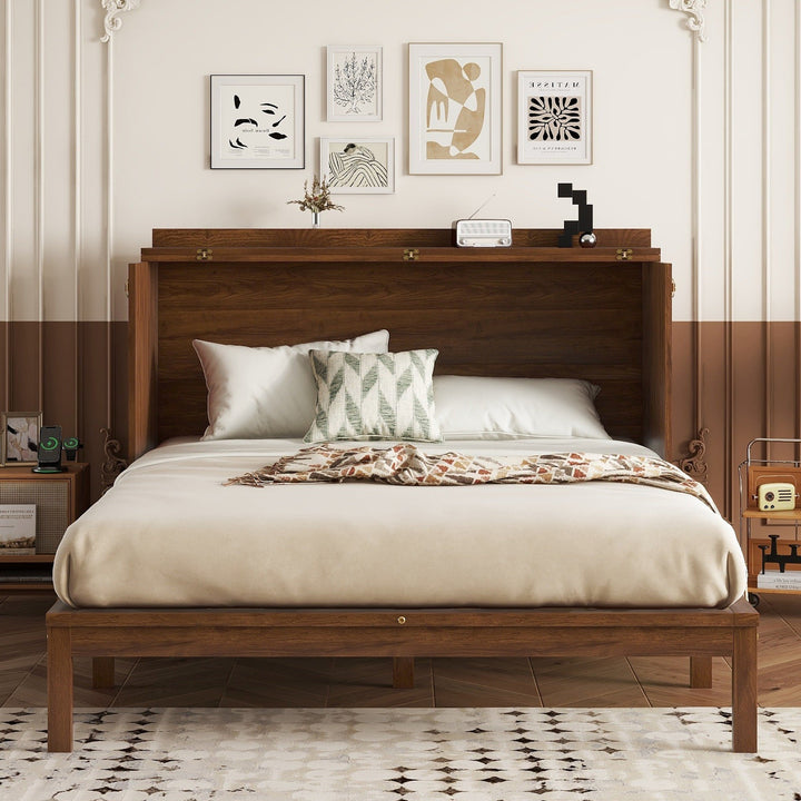 Queen Size Murphy Bed, Pine Wood Cabinet Bed with Power Station and Rattan Decoration Panel,Walnut