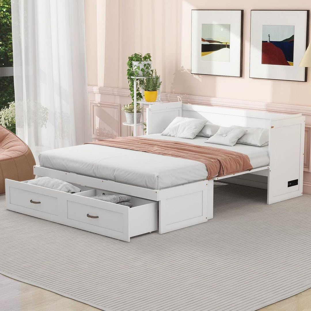 Queen Size Murphy Bed with USB Ports, Large Drawers and Metal Handles, White