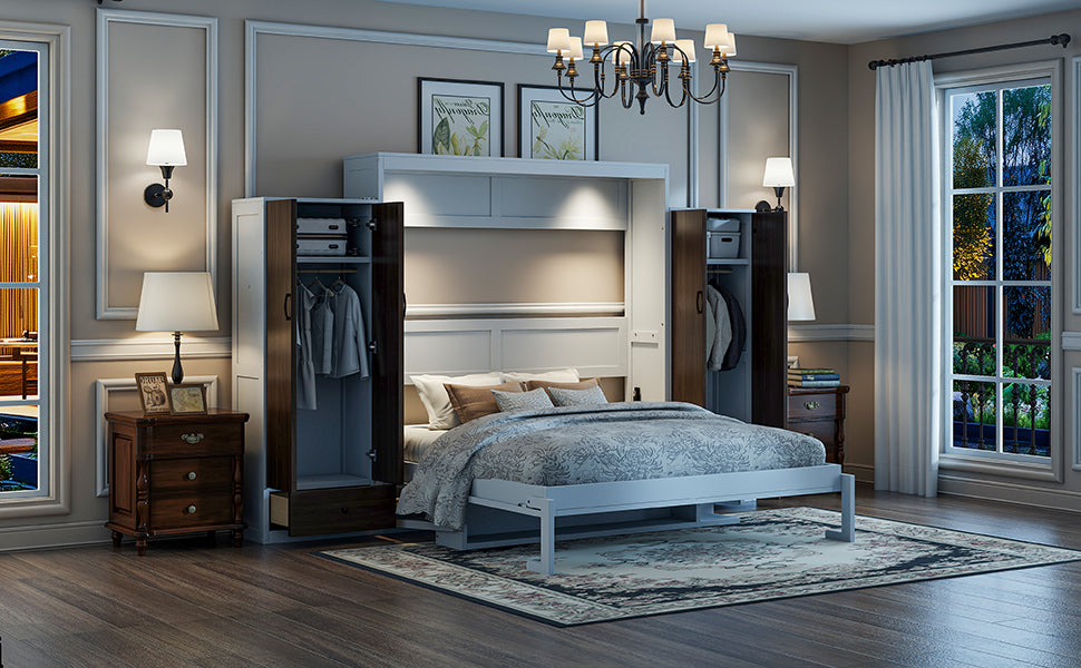 Queen Size Murphy Bed Wall Bed with Closet ,Drawers and Table,White