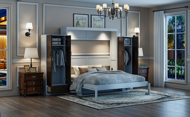 Queen Size Murphy Bed Wall Bed with Closet ,Drawers and Table,White