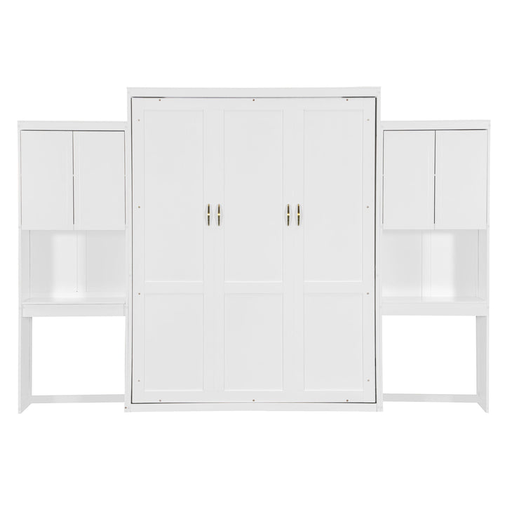 Queen Size Murphy Bed with Desk, Vanity and Cabinets, White