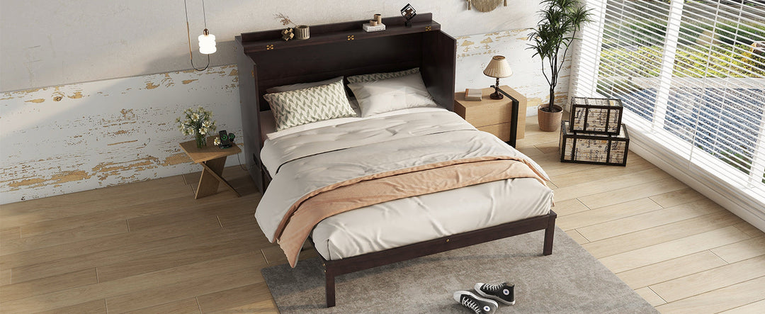 Queen Size Murphy Bed, Pine Wood Cabinet Bed with Power Station and Rattan Decoration Panel,Espresso