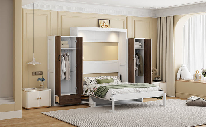 Full Size Murphy Bed Wall Bed with Closet ,Drawers and Table,White