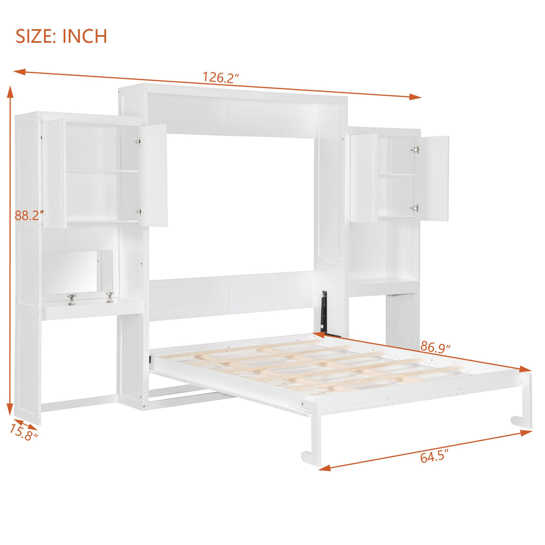 Queen Size Murphy Bed with Desk, Vanity and Cabinets, White