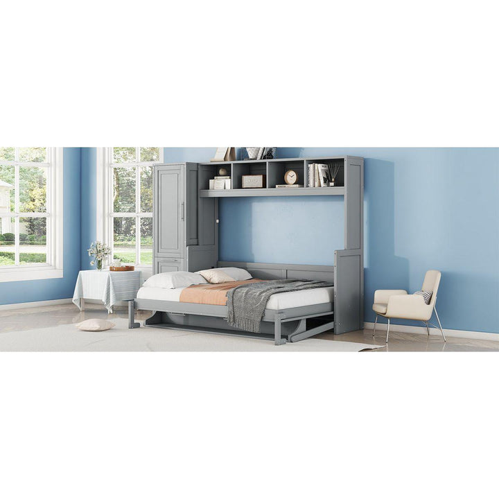 Full Size Murphy Bed Wall Bed with Closet and Drawers,Gray