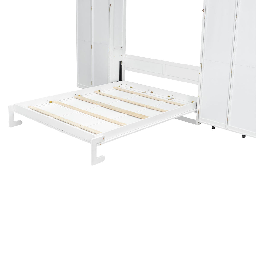 Queen Murphy Bed Wall Bed with Storage Doors, White
