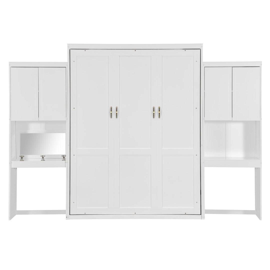 Queen Size Murphy Bed with Desk, Vanity and Cabinets, White