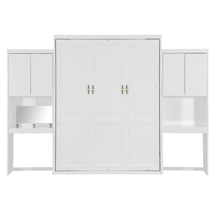 Queen Size Murphy Bed with Desk, Vanity and Cabinets, White