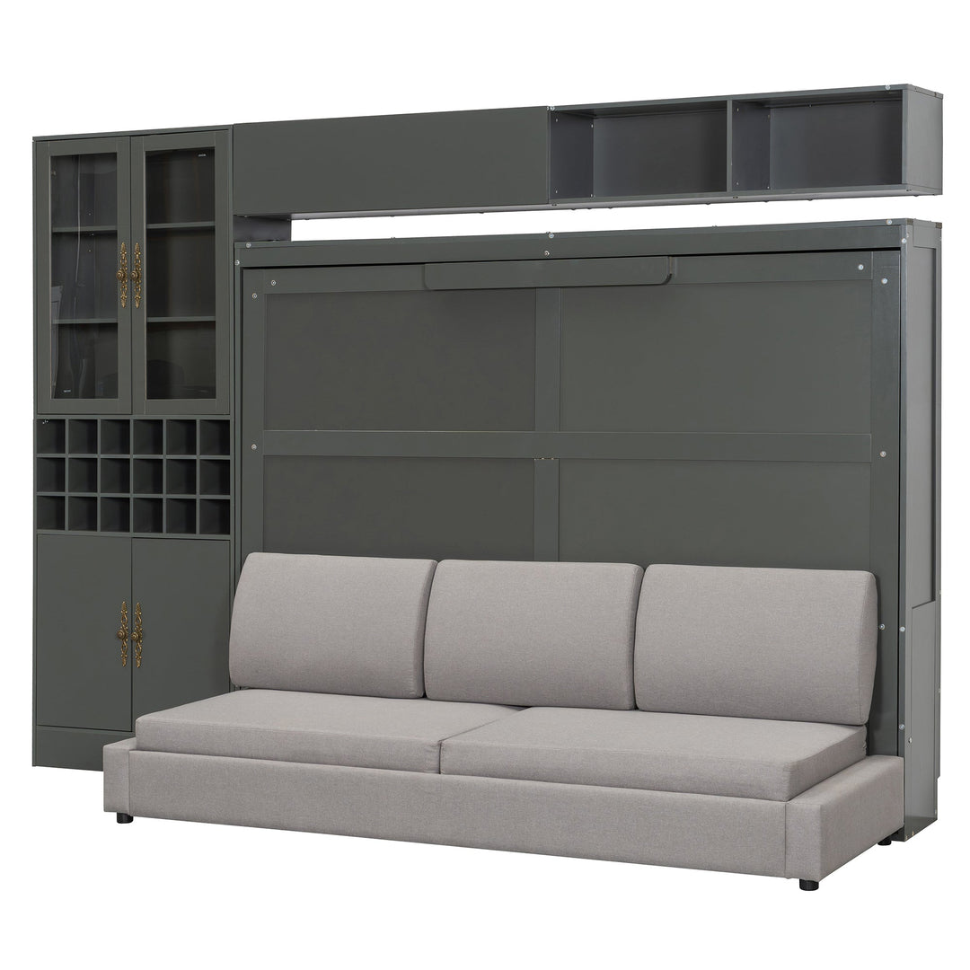 Queen Size Murphy Bed Wall Bed with Sofa , Shelves USB & Light ,Gray