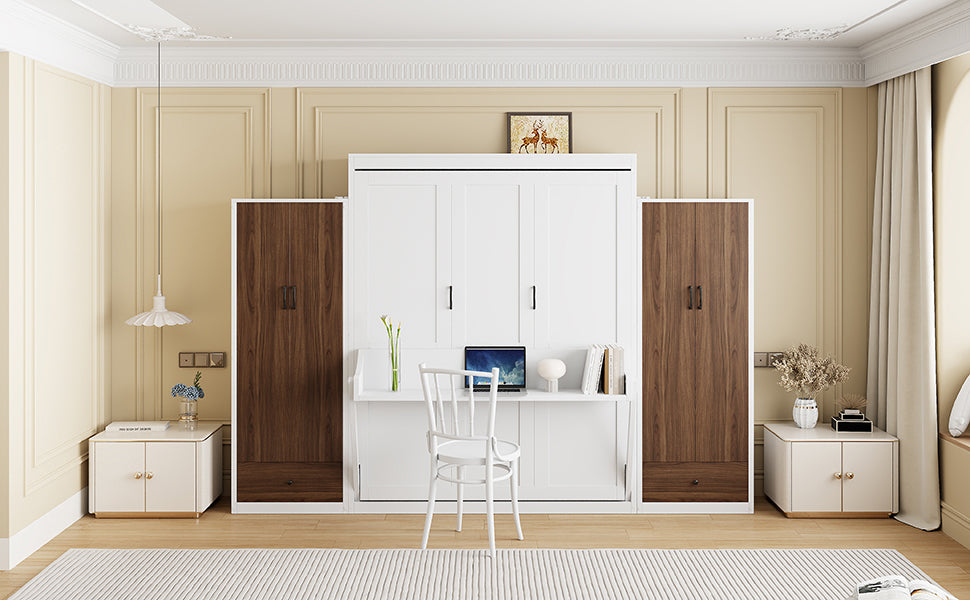 Full Size Murphy Bed Wall Bed with Closet ,Drawers and Table,White
