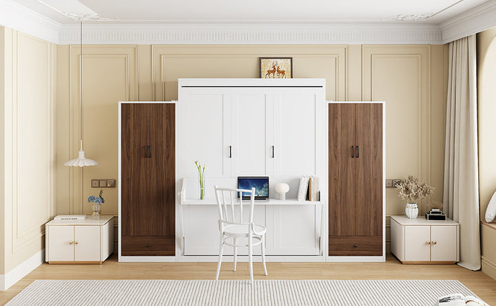 Full Size Murphy Bed Wall Bed with Closet ,Drawers and Table,White