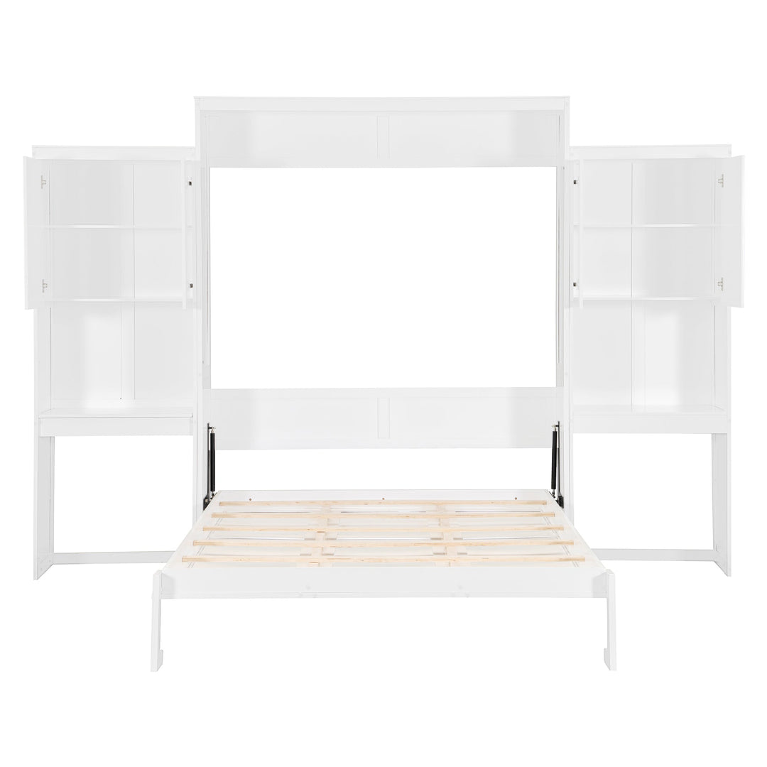 Queen Size Murphy Bed with Desk, Vanity and Cabinets, White