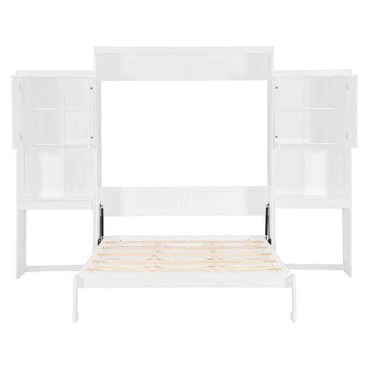 Queen Size Murphy Bed with Desk, Vanity and Cabinets, White