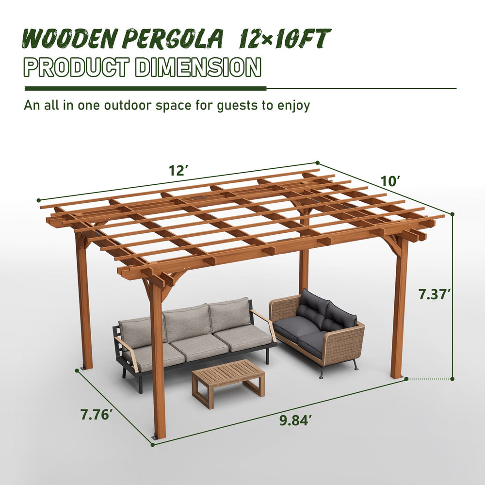 Streamdale Furniture 12 x 10 FT Outdoor Wood Pergola, Wooden Grape Pergola for Climbing Plant Support for Garden, Patio, Backyard, Deck, Brown W1422S00054