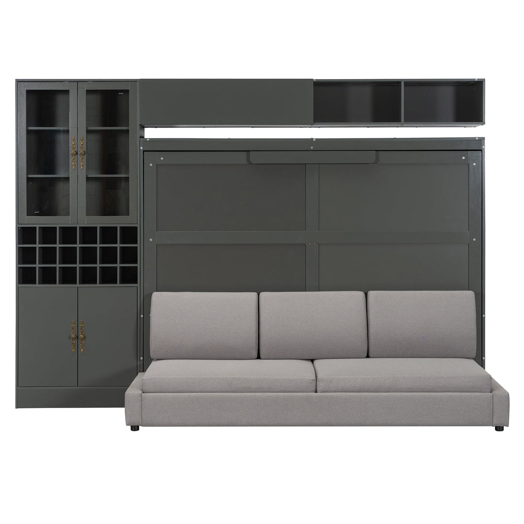 Queen Size Murphy Bed Wall Bed with Sofa , Shelves USB & Light ,Gray