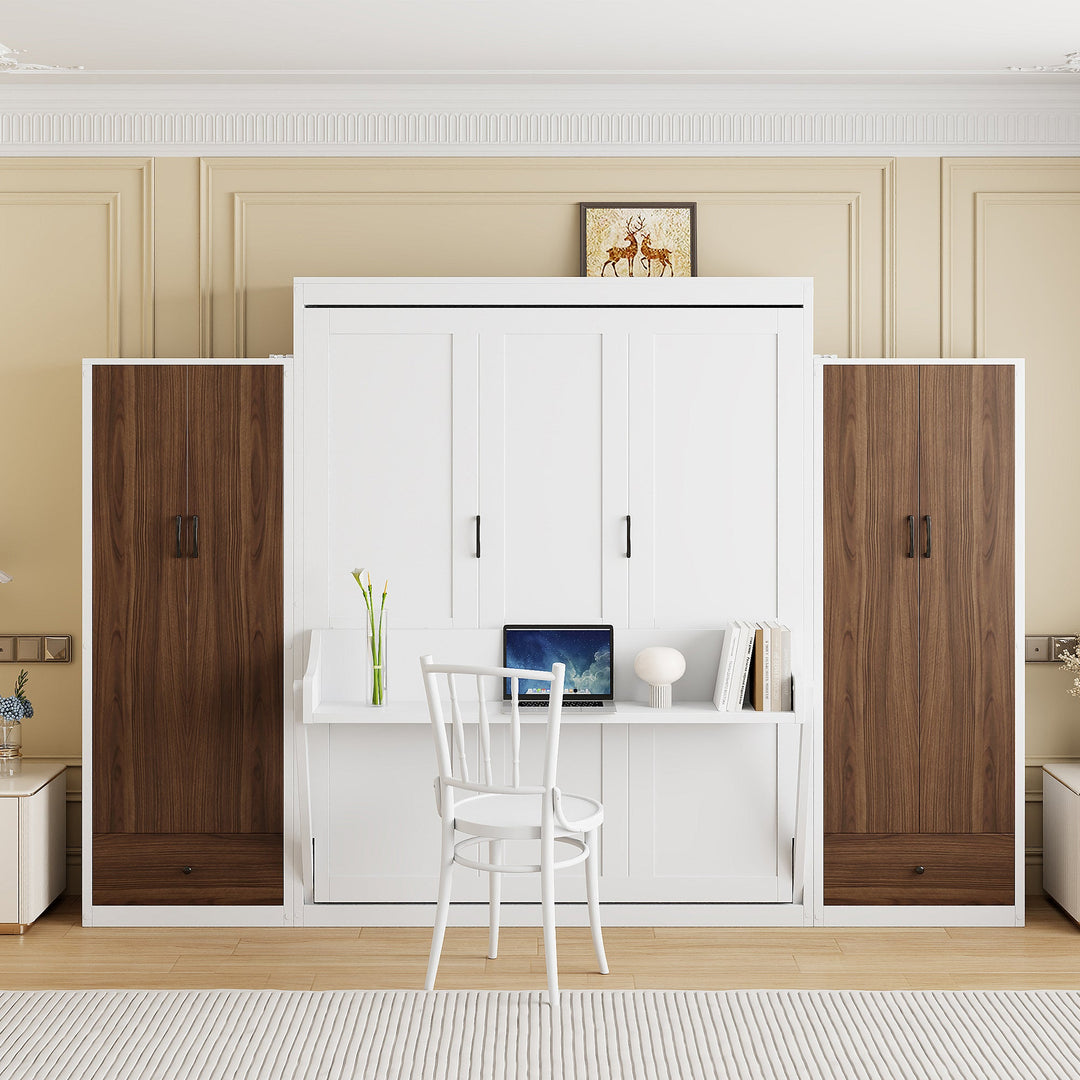 Full Size Murphy Bed Wall Bed with Closet ,Drawers and Table,White