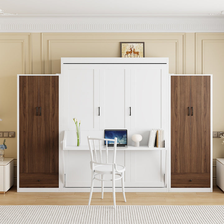 Full Size Murphy Bed Wall Bed with Closet ,Drawers and Table,White