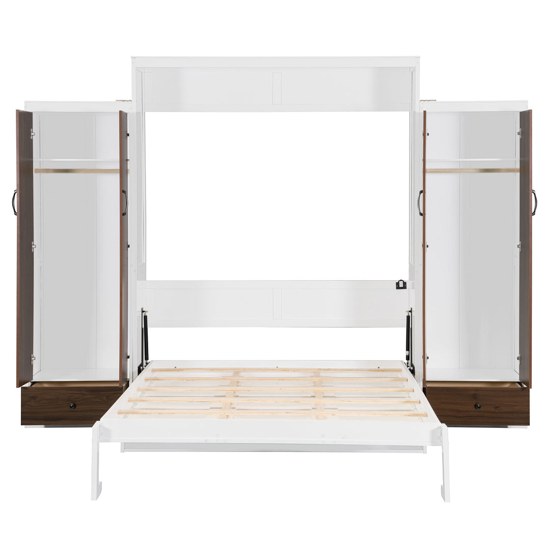 Full Size Murphy Bed Wall Bed with Closet ,Drawers and Table,White