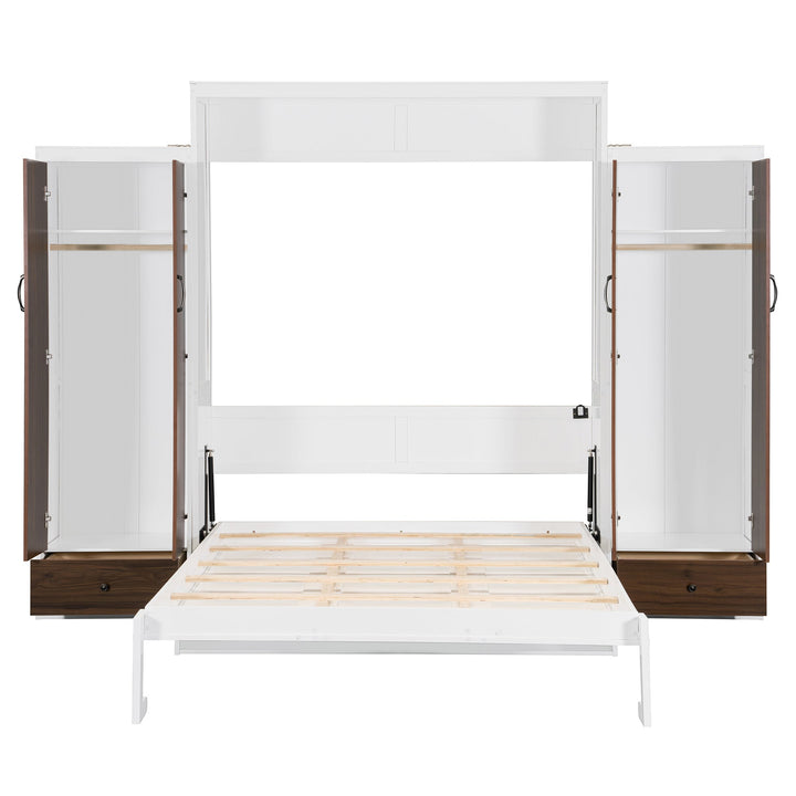 Full Size Murphy Bed Wall Bed with Closet ,Drawers and Table,White