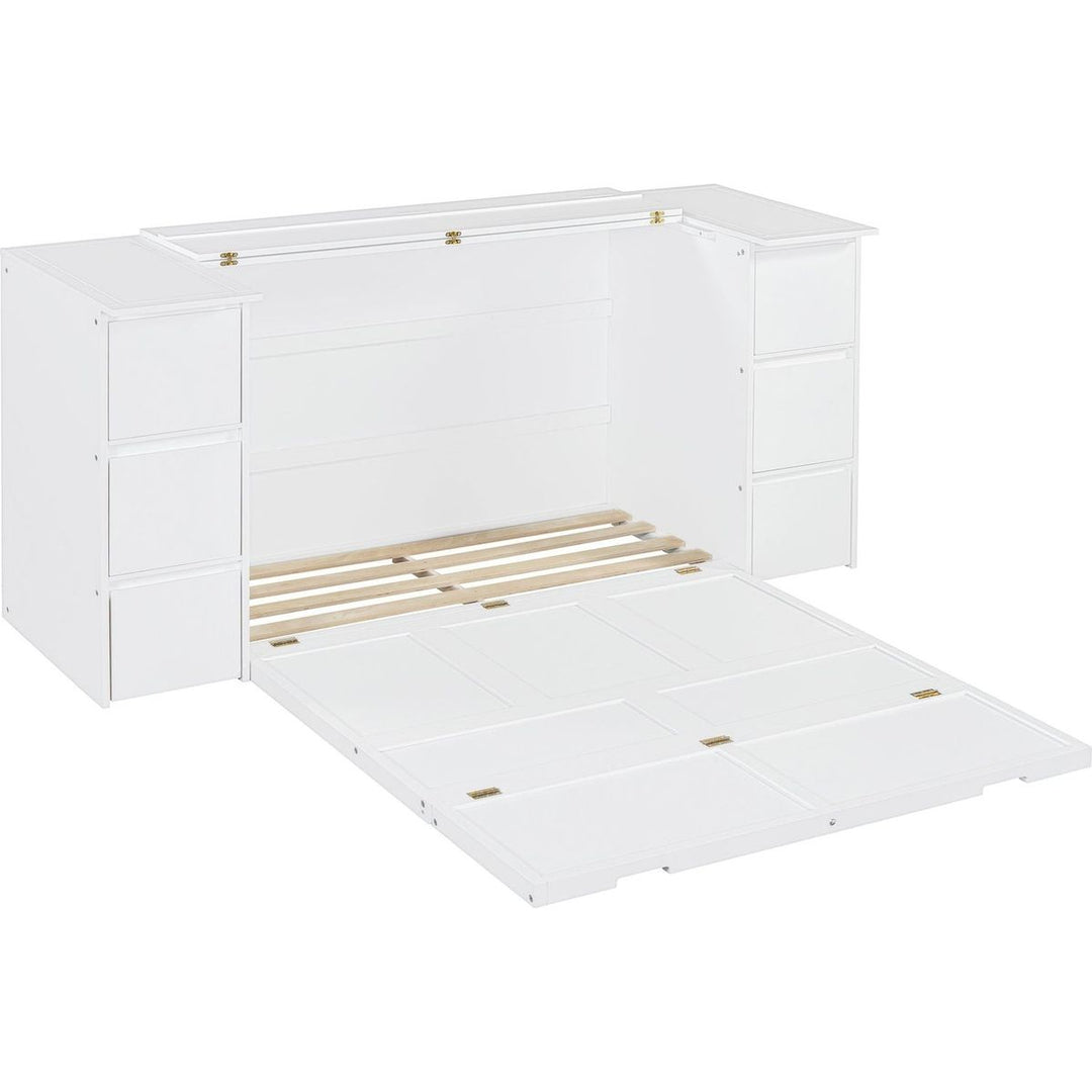Full Size Murphy Bed with Drawers, Cabinets and USB Ports,White