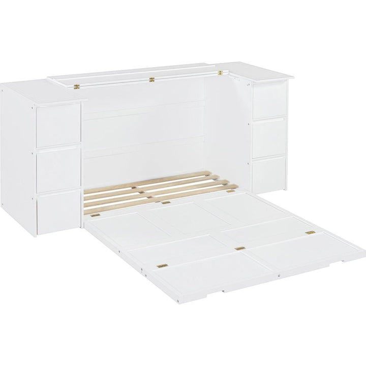 Full Size Murphy Bed with Drawers, Cabinets and USB Ports,White