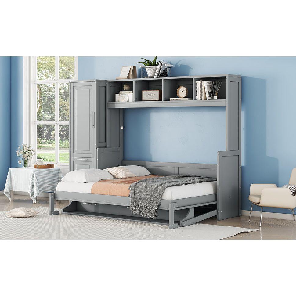 Full Size Murphy Bed Wall Bed with Closet and Drawers,Gray