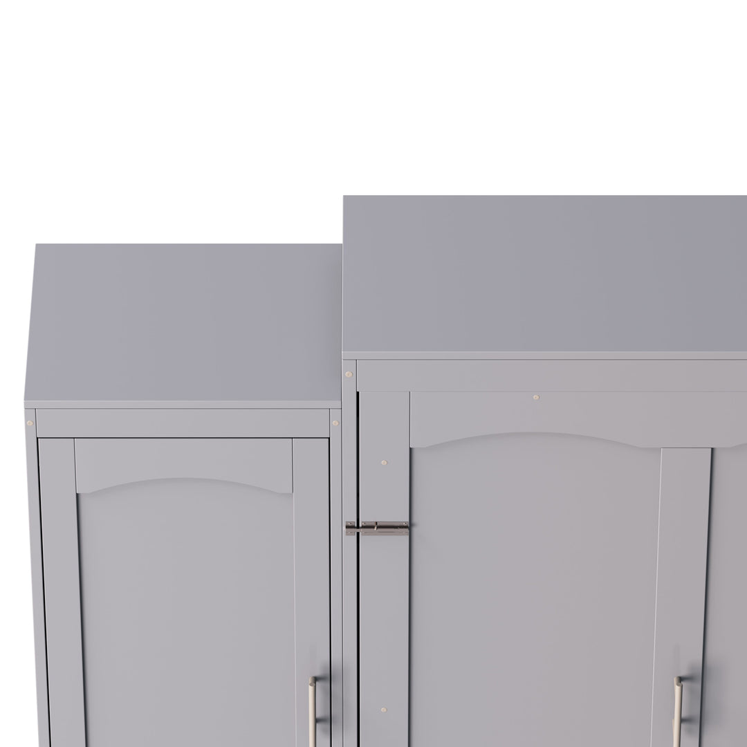 Full Size Murphy Bed, Wooden Full Wall Bed with 2 Wardrobe and Storage Shelf, Multifunctional Foldable Platform Bedframe for Guest-Room, Bedroom, Gray