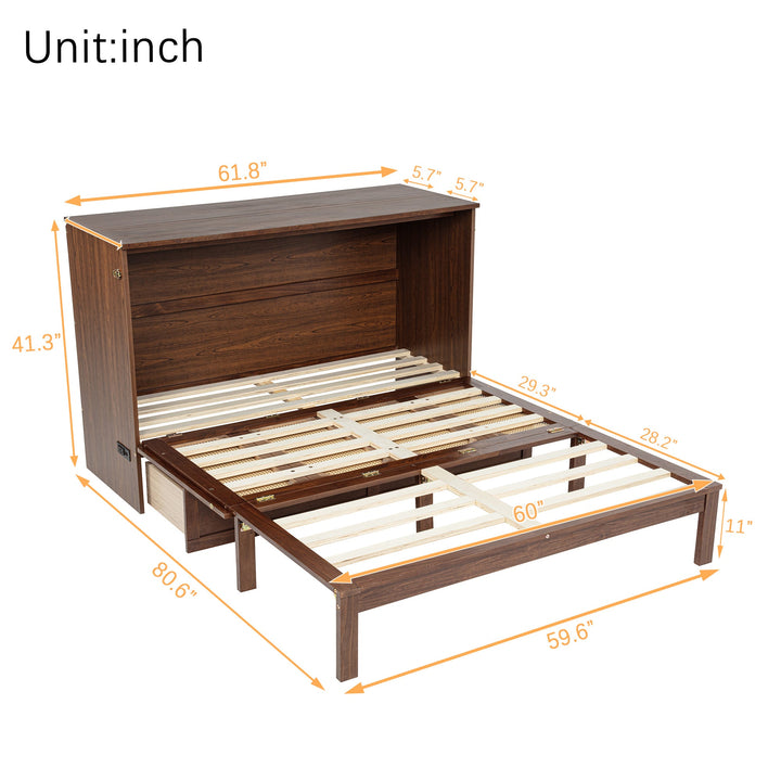 Queen Size Murphy Bed, Pine Wood Cabinet Bed with Power Station and Rattan Decoration Panel,Walnut