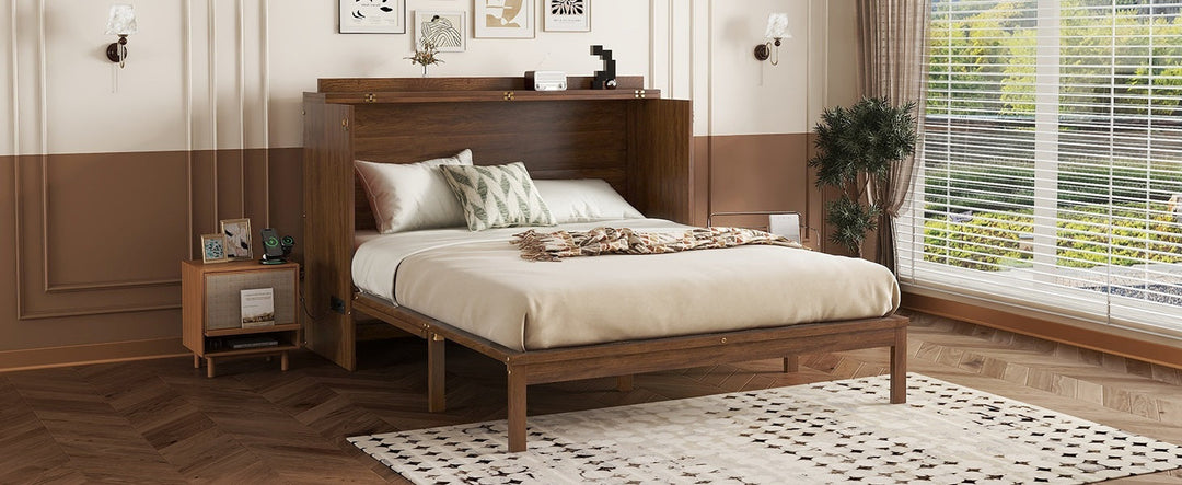 Queen Size Murphy Bed, Pine Wood Cabinet Bed with Power Station and Rattan Decoration Panel,Walnut