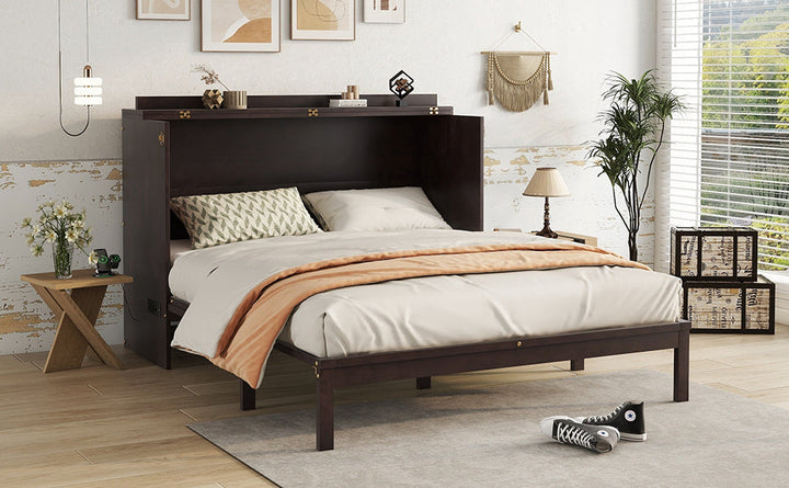 Queen Size Murphy Bed, Pine Wood Cabinet Bed with Power Station and Rattan Decoration Panel,Espresso