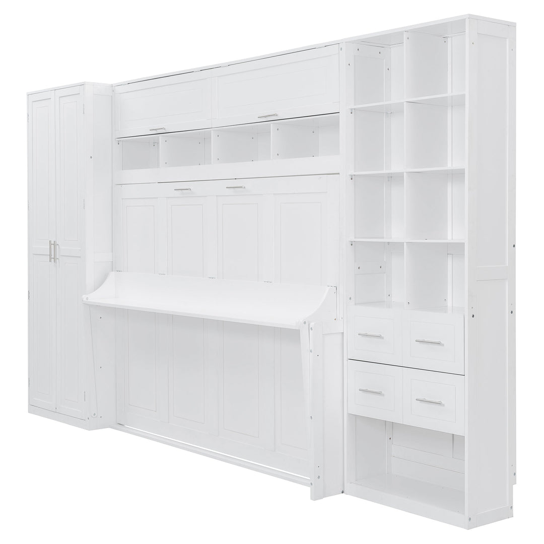 Queen Size Murphy Bed Wall Bed with Closet , Drawers and Shelves, White