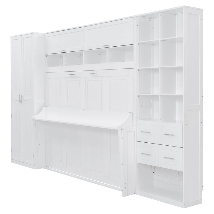 Queen Size Murphy Bed Wall Bed with Closet , Drawers and Shelves, White