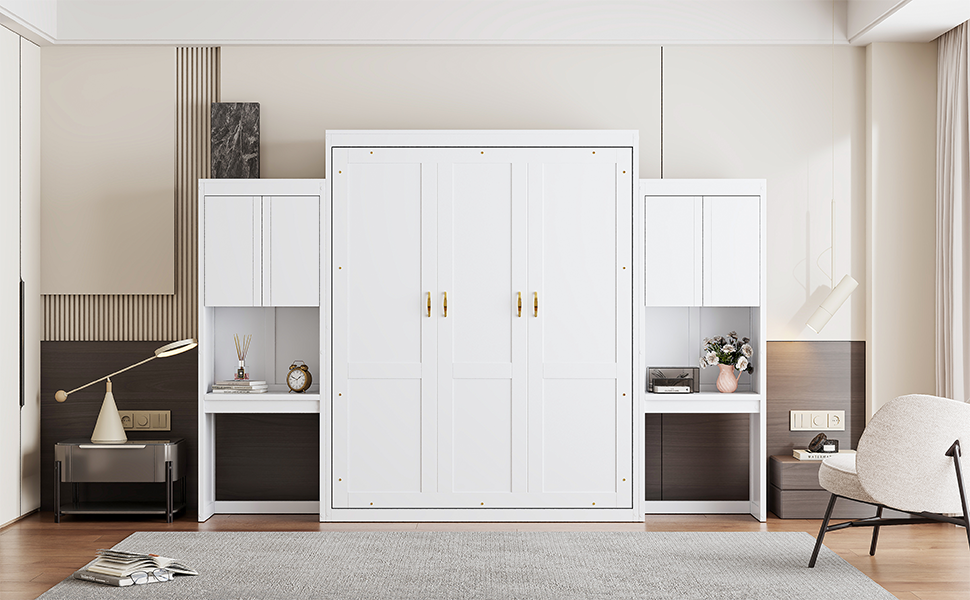 Queen Size Murphy Bed with Desk, Vanity and Cabinets, White