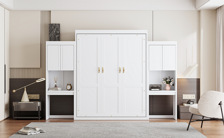 Queen Size Murphy Bed with Desk, Vanity and Cabinets, White