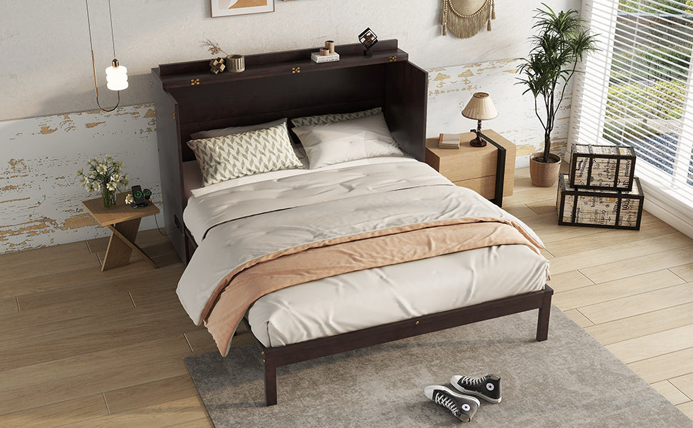 Queen Size Murphy Bed, Pine Wood Cabinet Bed with Power Station and Rattan Decoration Panel,Espresso