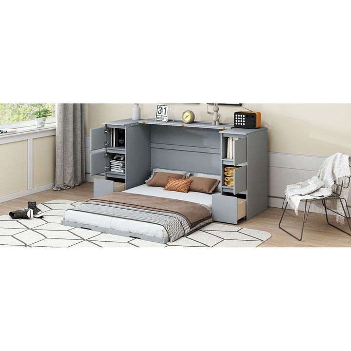 Full Size Murphy Bed with Drawers, Cabinets and USB Ports,Gray