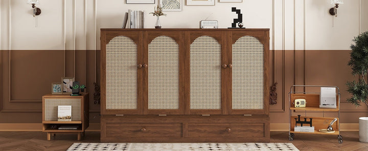 Queen Size Murphy Bed, Pine Wood Cabinet Bed with Power Station and Rattan Decoration Panel,Walnut