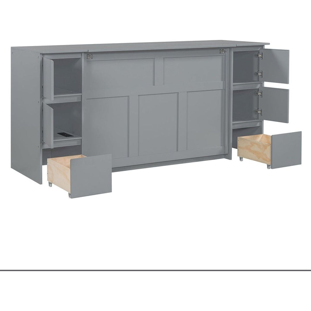 Full Size Murphy Bed with Drawers, Cabinets and USB Ports,Gray