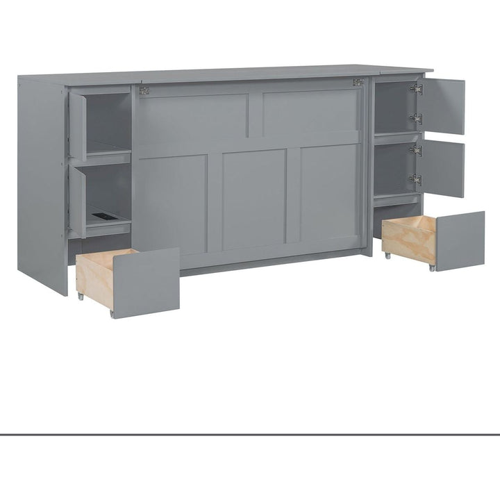 Full Size Murphy Bed with Drawers, Cabinets and USB Ports,Gray