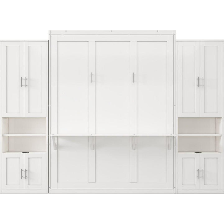 Queen Size Murphy Bed with 2 Side Cabinet Storage Shelves, 68-inch Cabinet Bed Folding Wall Bed with Desk Combo Perfect for Guest Room, Study, Office,White(old sku:BS7013008104C)
