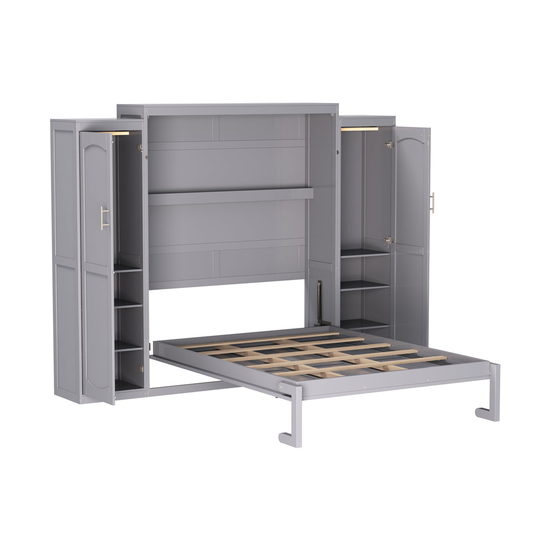 Full Size Murphy Bed, Wooden Full Wall Bed with 2 Wardrobe and Storage Shelf, Multifunctional Foldable Platform Bedframe for Guest-Room, Bedroom, Gray