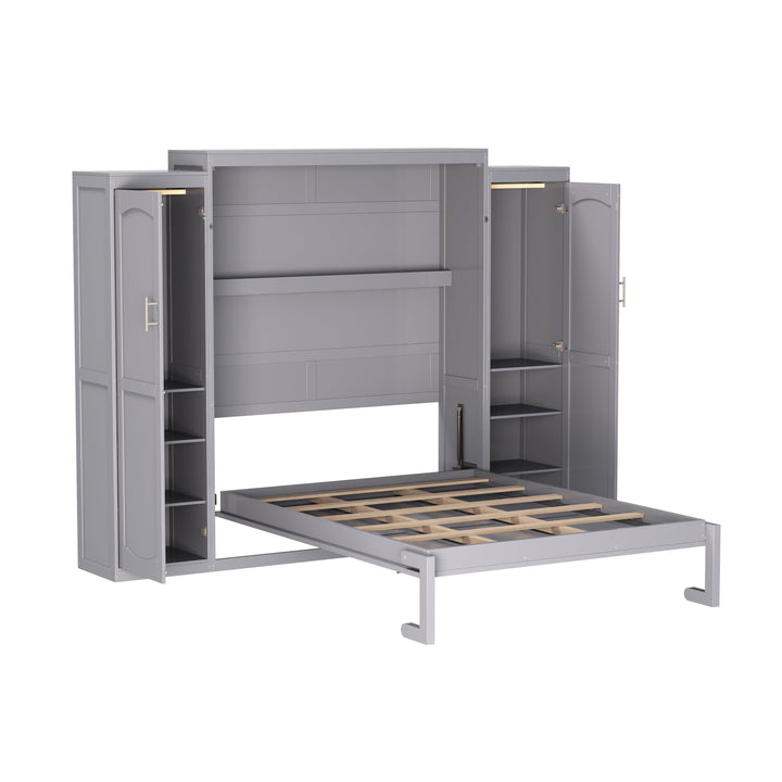 Full Size Murphy Bed, Wooden Full Wall Bed with 2 Wardrobe and Storage Shelf, Multifunctional Foldable Platform Bedframe for Guest-Room, Bedroom, Gray