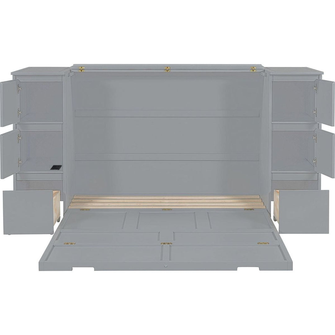 Full Size Murphy Bed with Drawers, Cabinets and USB Ports,Gray